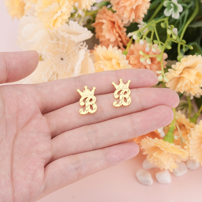 Personalized A-Z Crown Initial Letter Stud Earrings