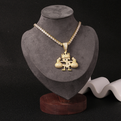 Iced Diamond Money Bag Crown Charm Pendant Gold Plated Necklace
