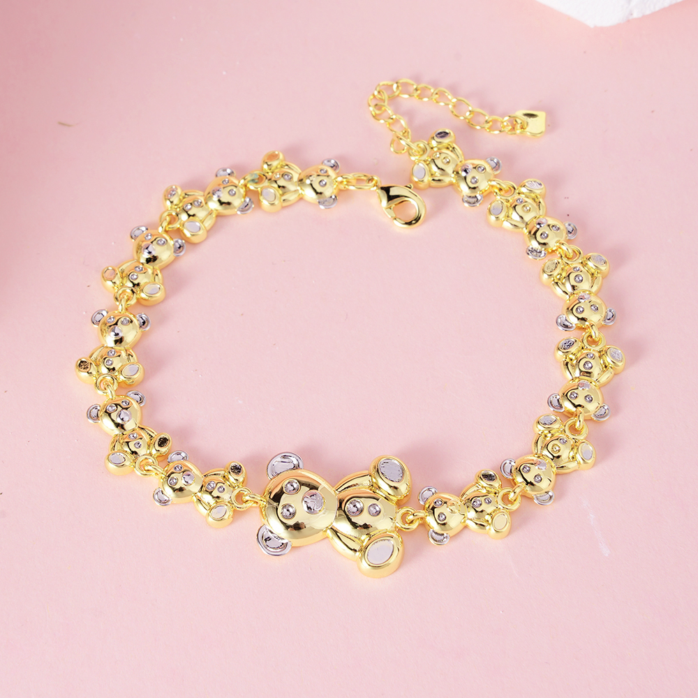 Two Tone Teddy Bear Link Chain Bracelet Gold Plated