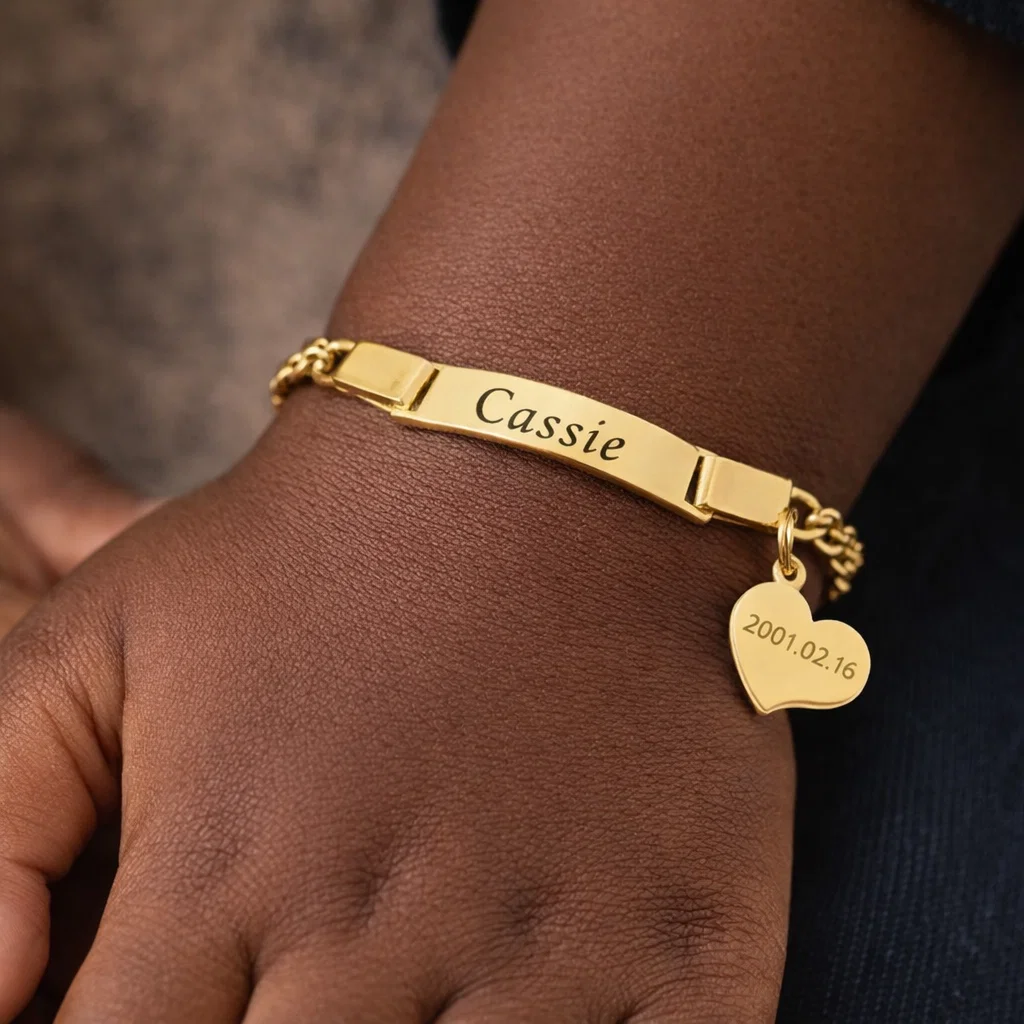 Heart Pendant with Engraved Birthday Custom ID Name Bracelet