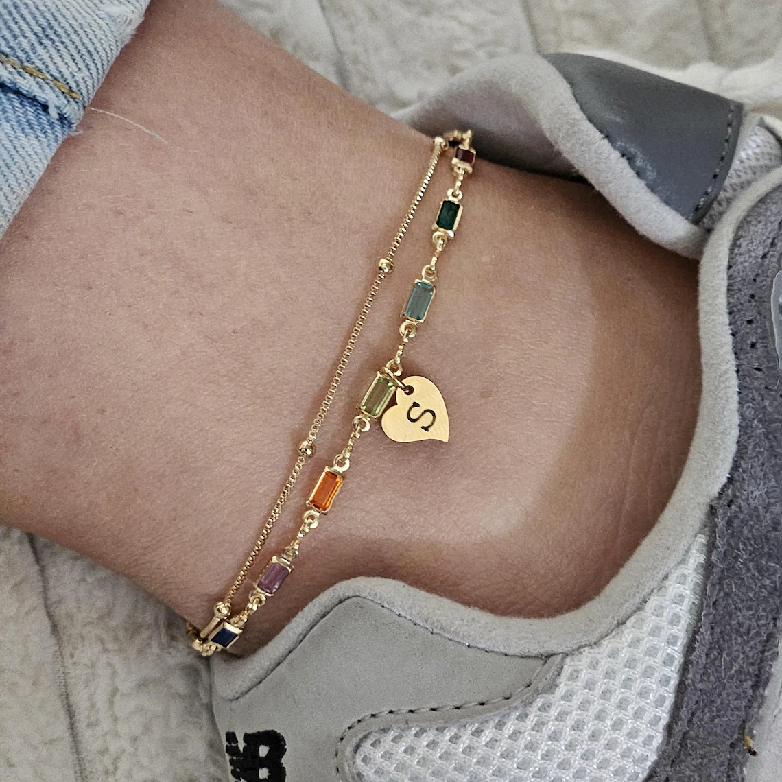Double Layer Personalized Heart Initial Pendant Colorful Zircon Anklet