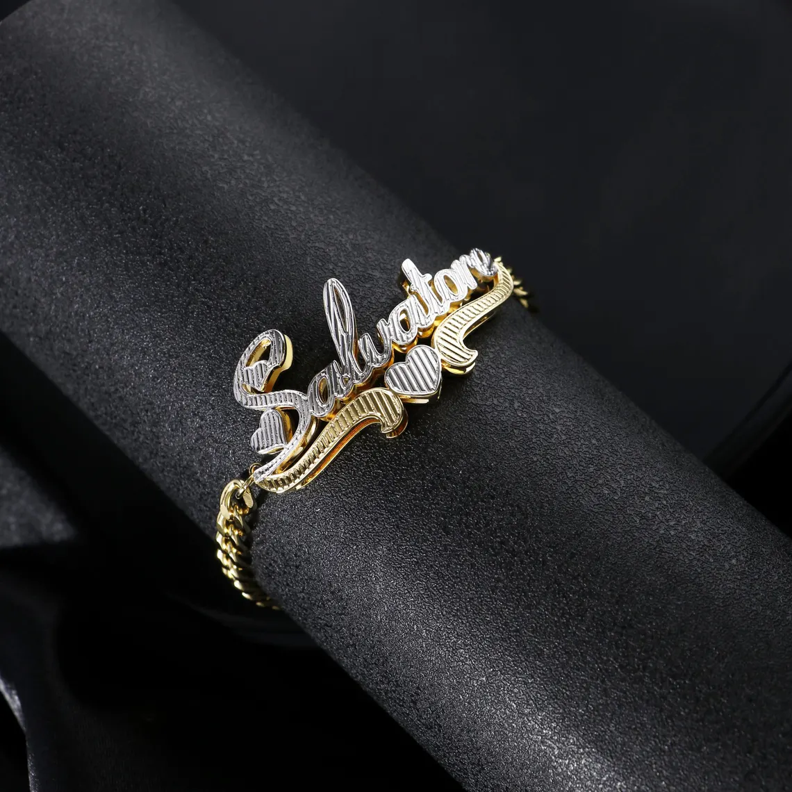 Double Layer Two Tone Heart Name Custom Bracelet