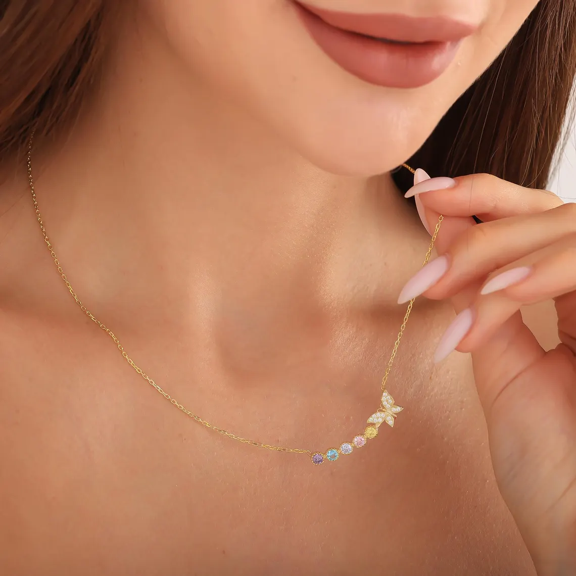 Personalized Butterfly 1 to5 Multi-birthstone Necklace Family Necklace