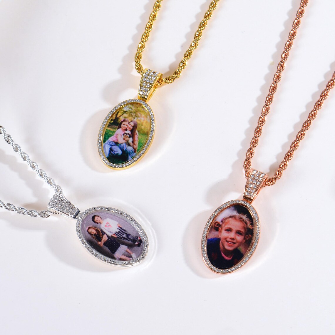 Personalized Diamond Oval Photo Pendant Necklace Rope Chain