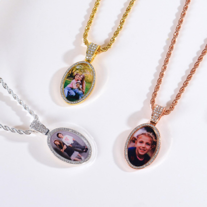 Personalized Diamond Oval Photo Pendant Necklace Rope Chain