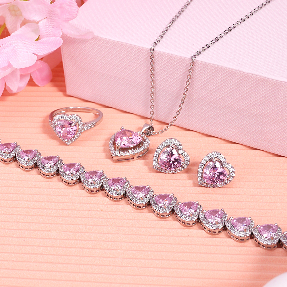 Pink Heart Zircon White Gold Necklace Bracelet Ring and Earrings Four Piece Valentines Jewelry