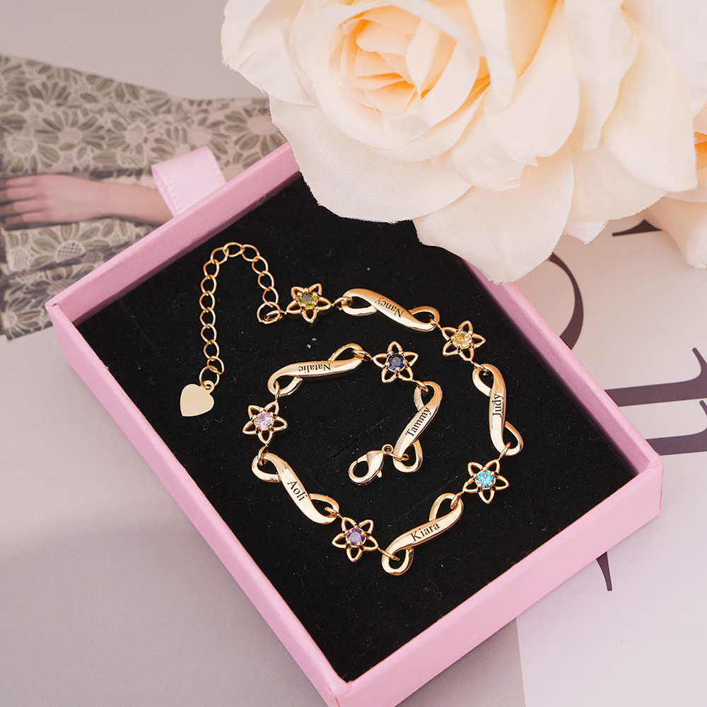 Custom Engraved Birthstone 2-6 Names Personalized Bracelet Family Gifts