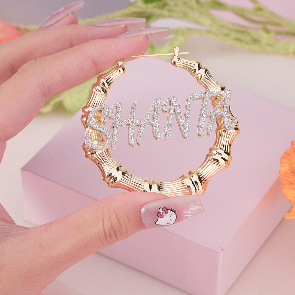 60mm Acrylic Nameplated Gold Plated Bamboo Earrings Personalized Name Earrings