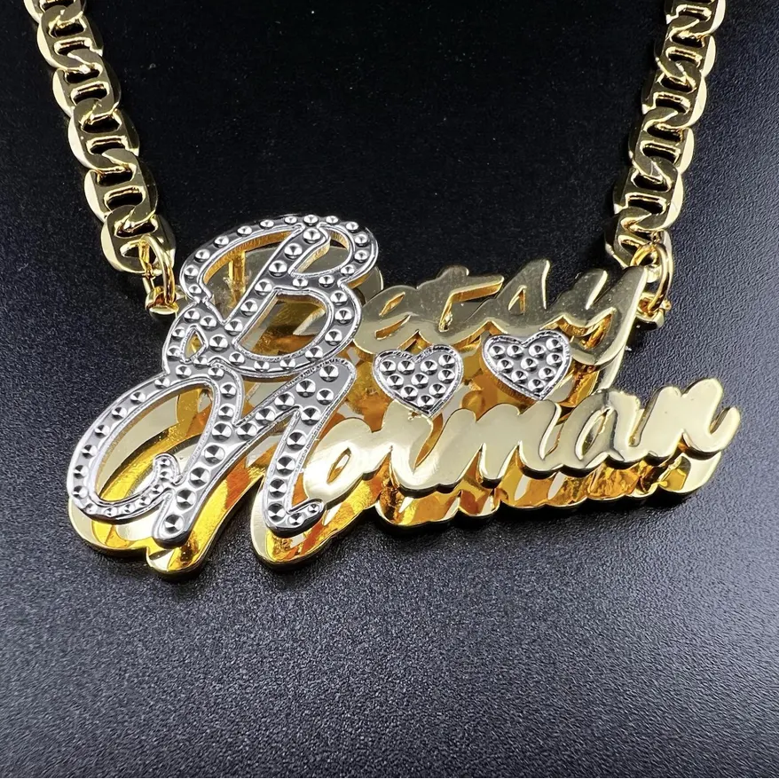 Two Hearts Two Tone Double Plate Couple Name Necklace