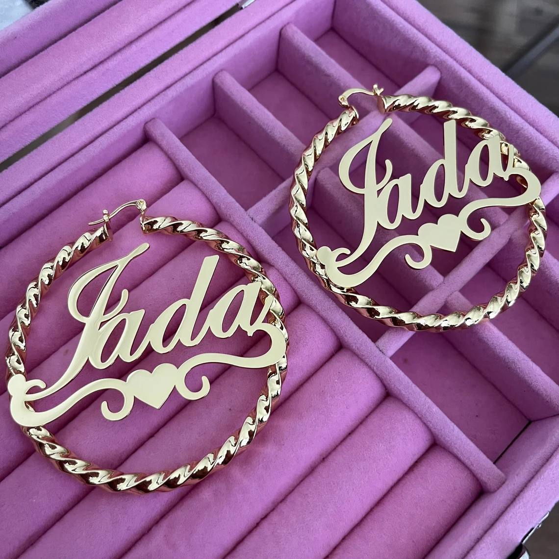 Custom Heart Nameplate Twist Hoop Earrigns Gold Plated