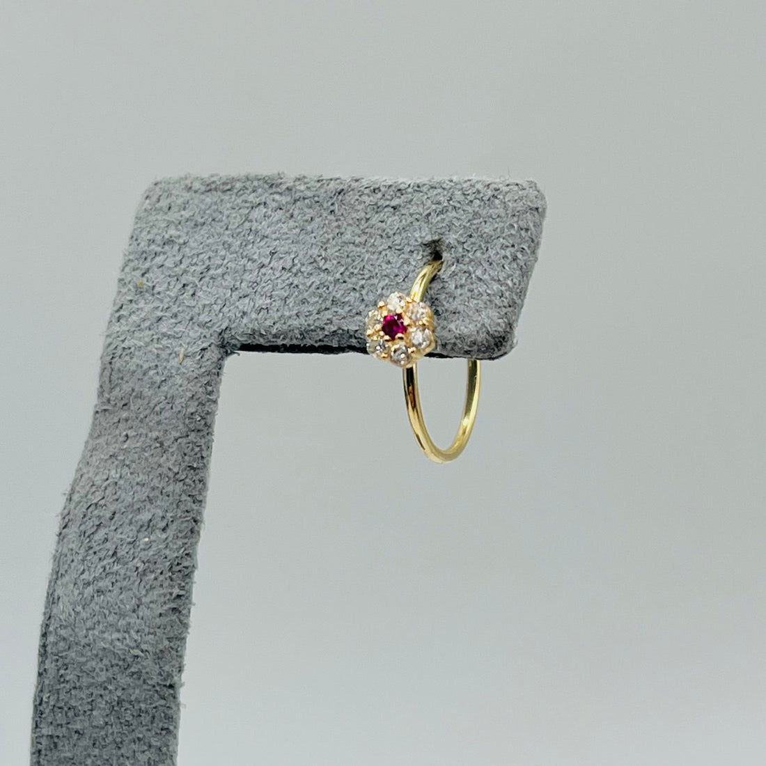 Gold Plated CZ White Flower with Ruby Nose Ring Hoop