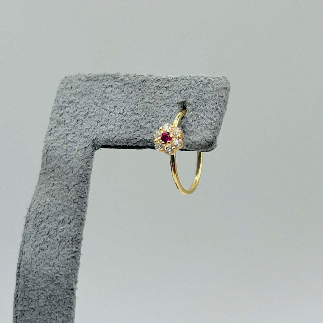 Gold Plated CZ White Flower with Ruby Nose Ring Hoop