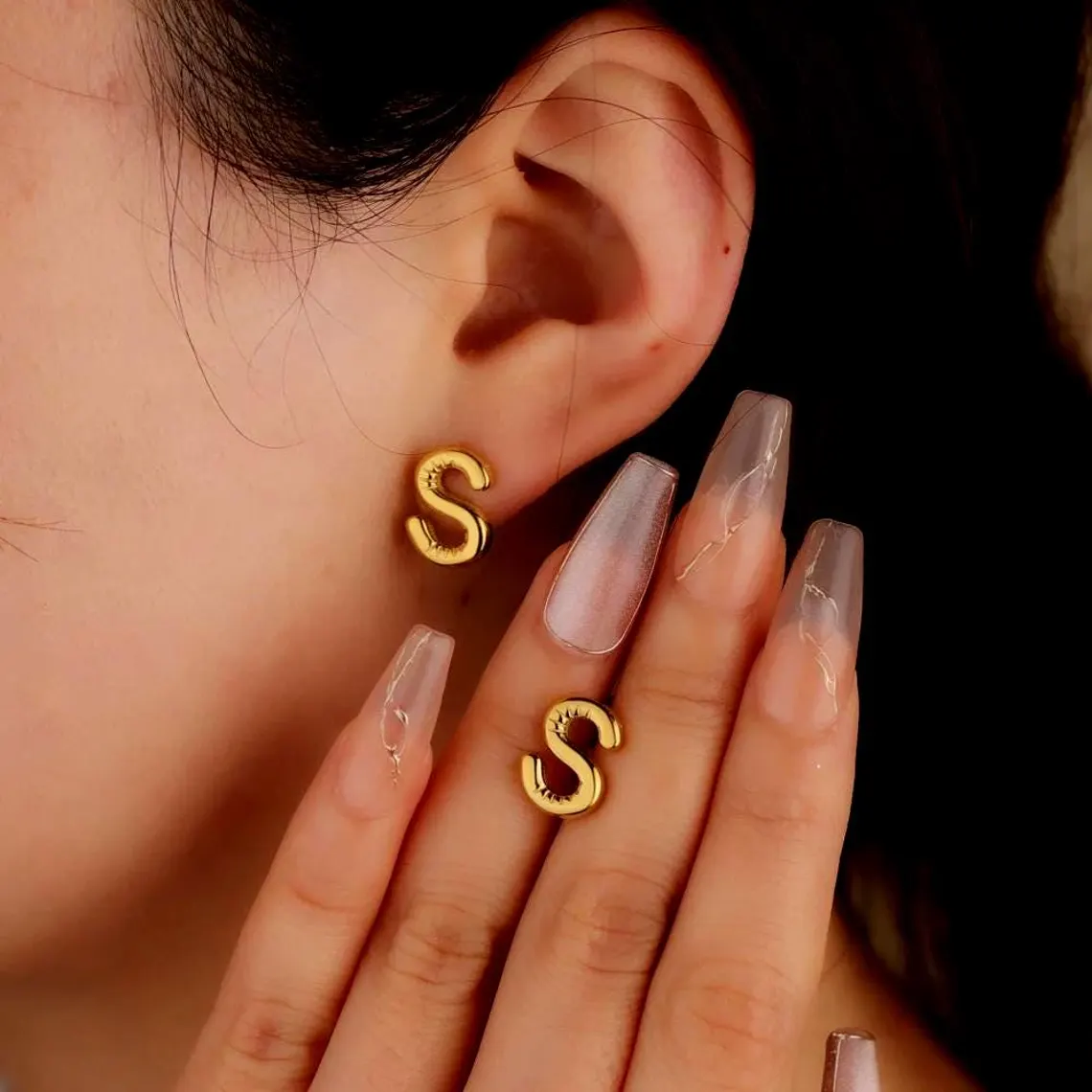 Bubble Letter Custom Initial Stud Earrings Gold Plated