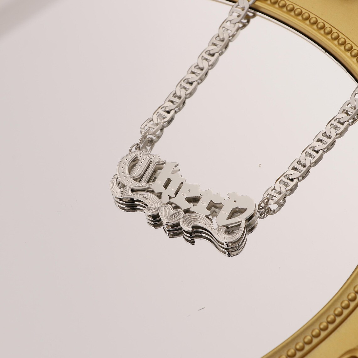 Custom Old English Double Layer Heart Name Necklace Mariner Chain