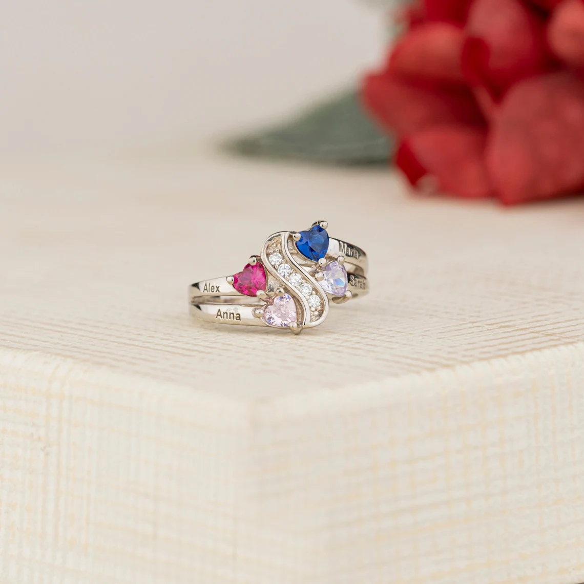 2 or 4 Engraved Names with Heart Birthstones Custom Ring Family Ring