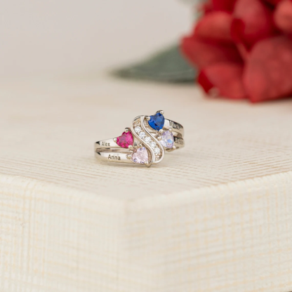 2 or 4 Engraved Names with Heart Birthstones Custom Ring Family Ring