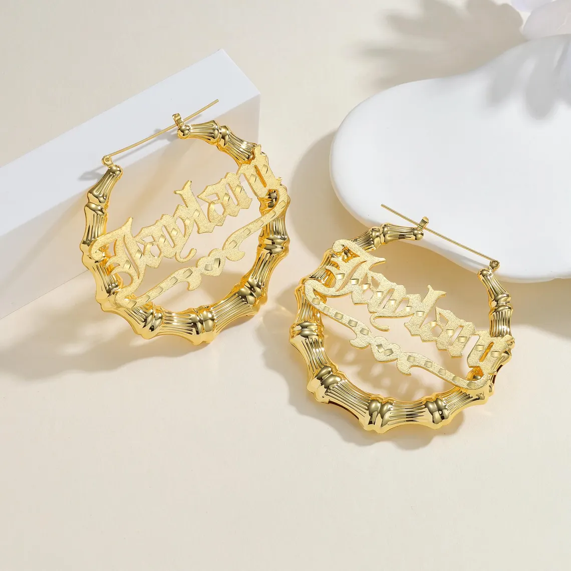 Custom Old English Name with Heart Bamboo Earrings