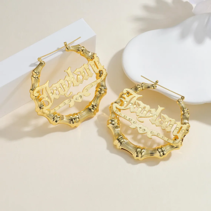 Custom Old English Name with Heart Bamboo Earrings