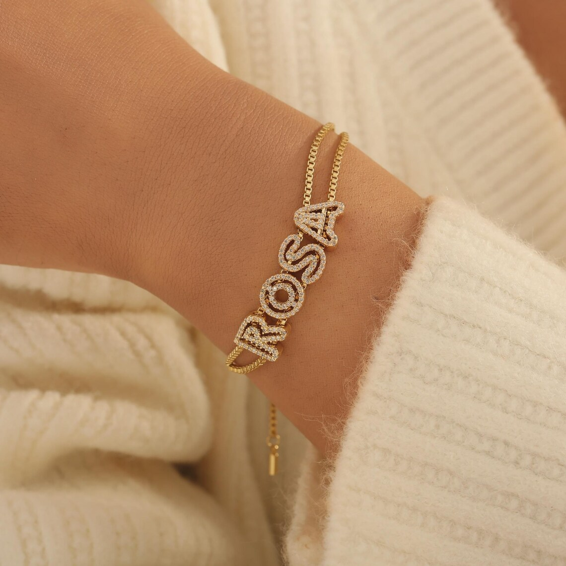 Custom Shiny Hollow Letter Diamond Cut Name Bracelet Box Chain