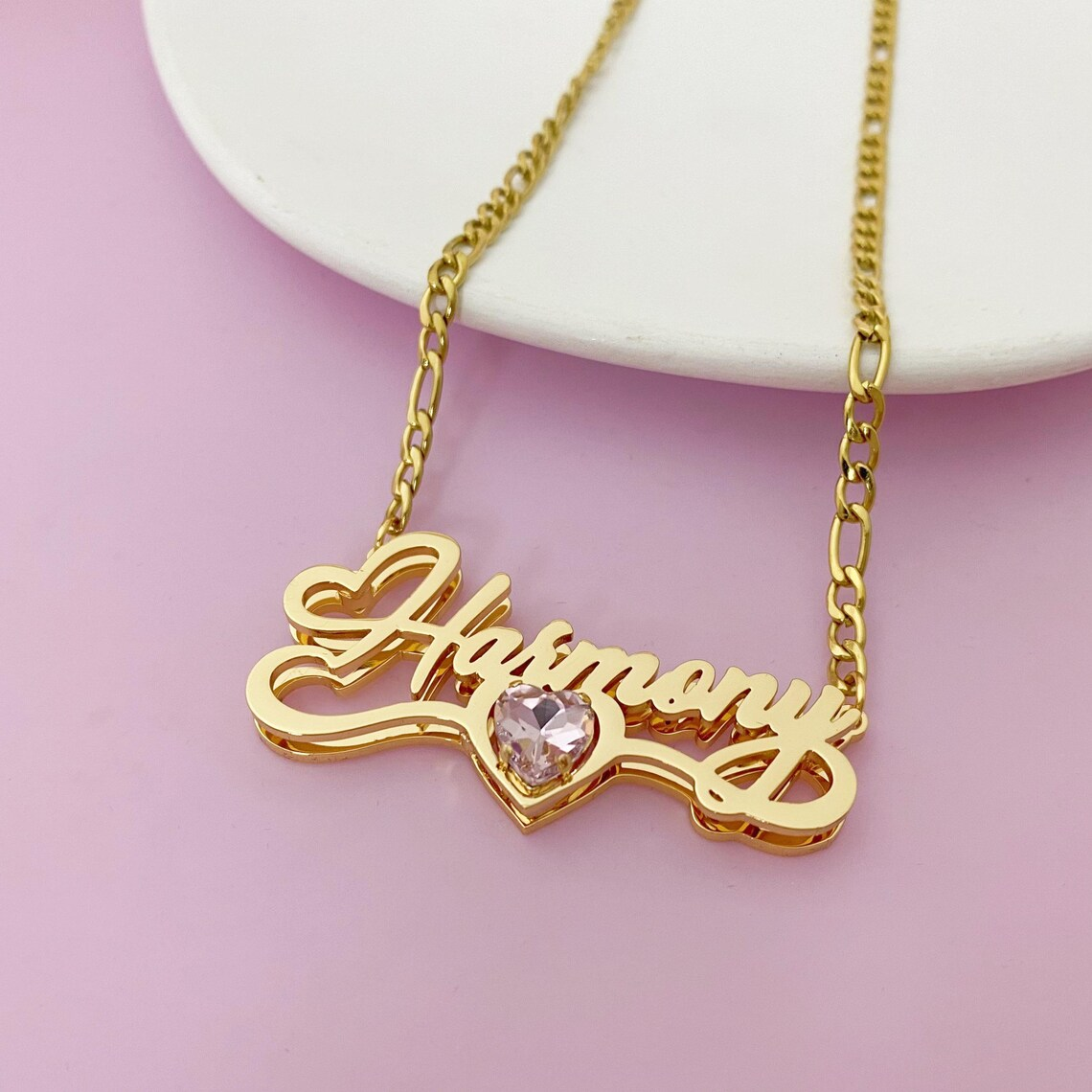 Custom Dainty Birthstone Heart Name Jewelry Set Engraving ID Set