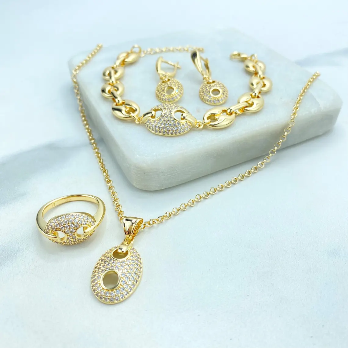 Zirconia Puffed Mariner Anchor Chain Gold Plated Jewelry Set 4pcs