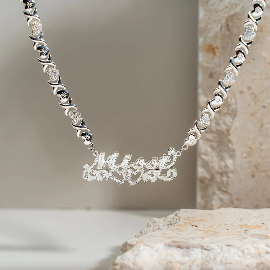 Heart XOXO Chain Double Layer Two Hearts Custom Name Necklace