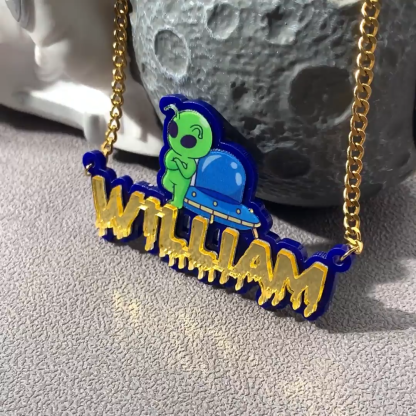 Acrylic with Alien Spaceship Personalized Name Necklace 