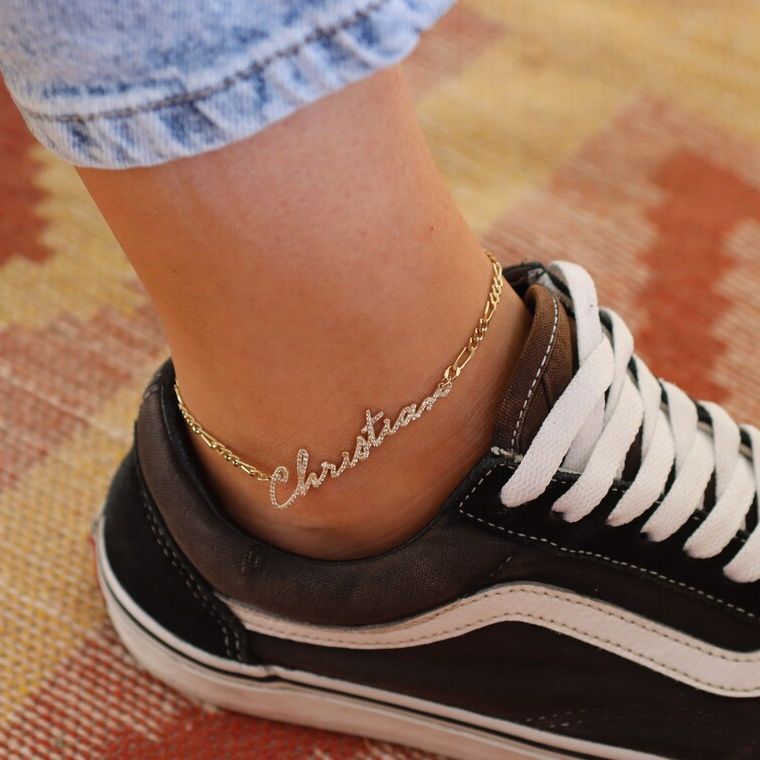 Personalized Zirconia Gold Plated Nameplate Anklet