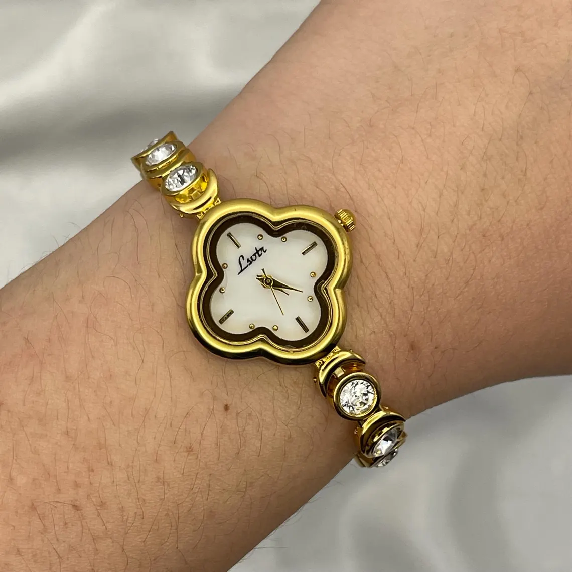 Woman Dainty Gold Plated Clover Crystal Bangle Bracelet Watch