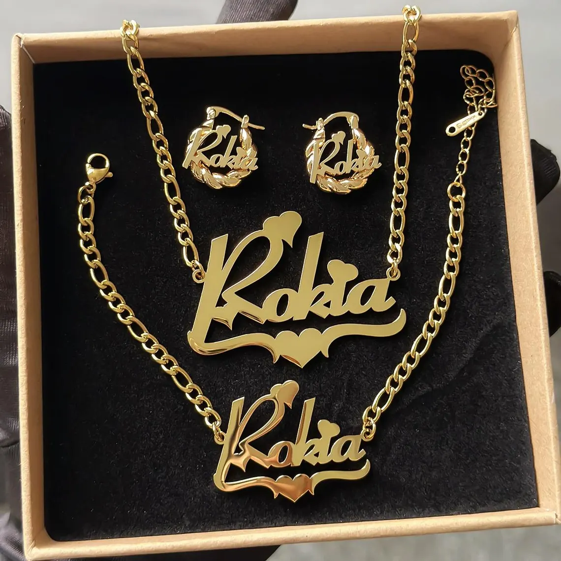 Personalized Heart Name Necklace Bracelet Twist Hoop Earrings Jewelry Set Kids Gift