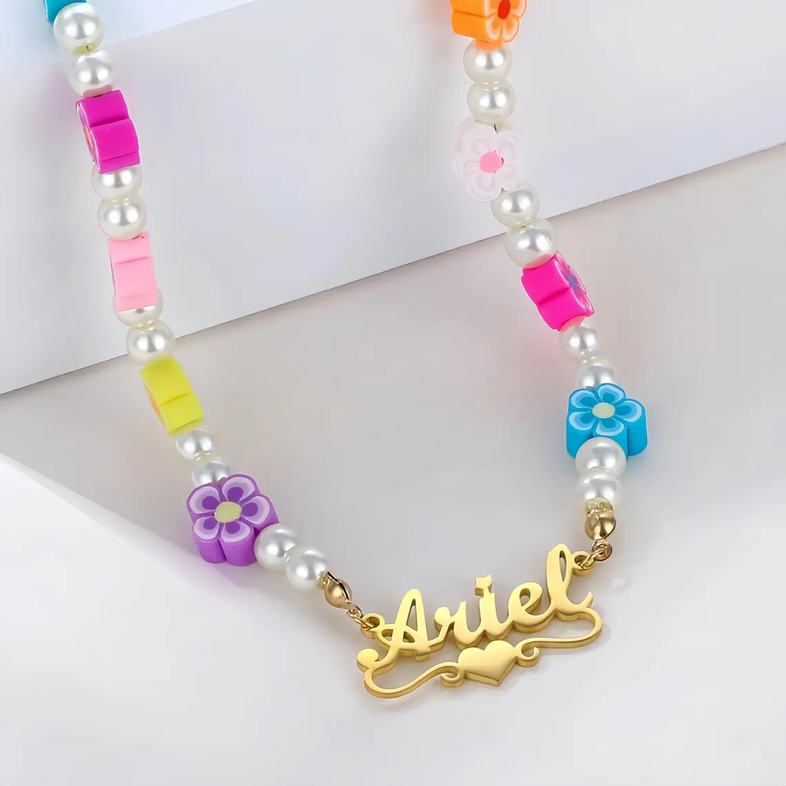 Heart Nameplate Pendant Pearl Chain with Colorful Flower Beads
