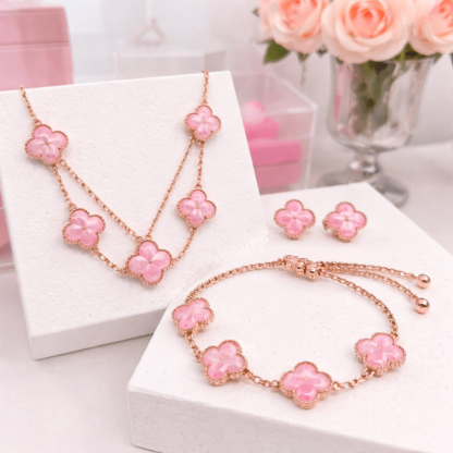 Gold Plated Pink Four Leaf Clover Set