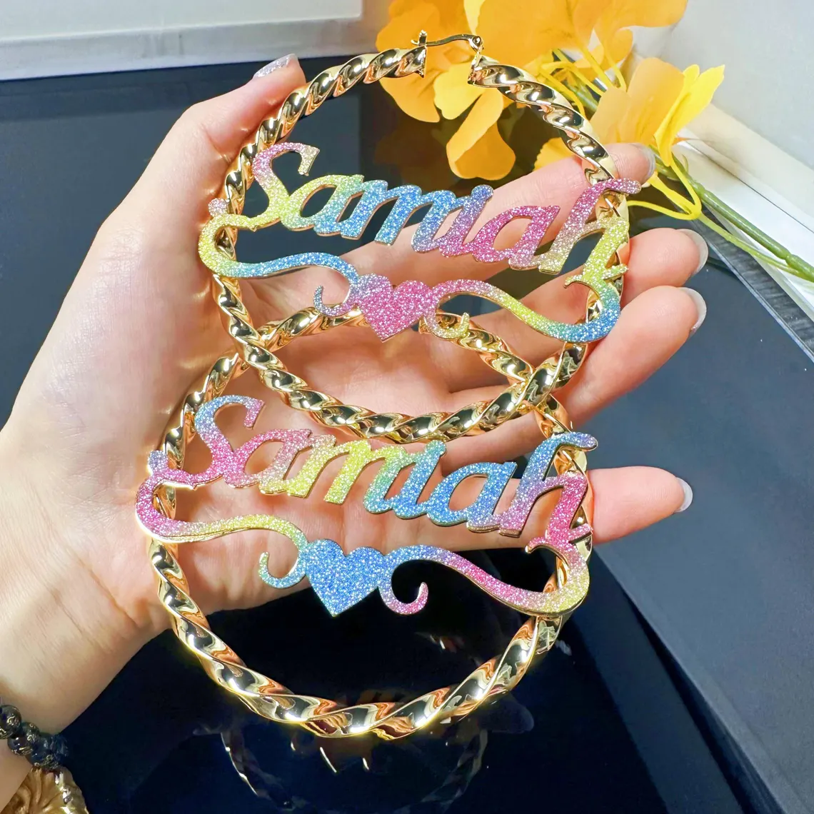 Rainbow Color Shiny Nameplate with Heart Personalized Twist Hoop Earrings