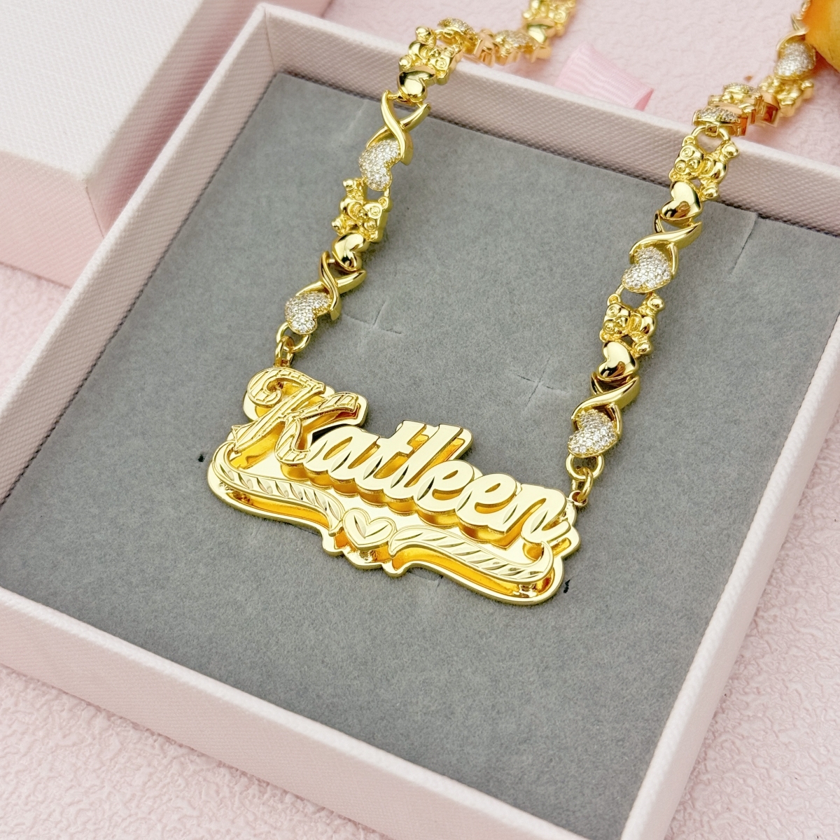 Teddy XOXO Chain Custom Double Layer Heart Nameplate Necklace