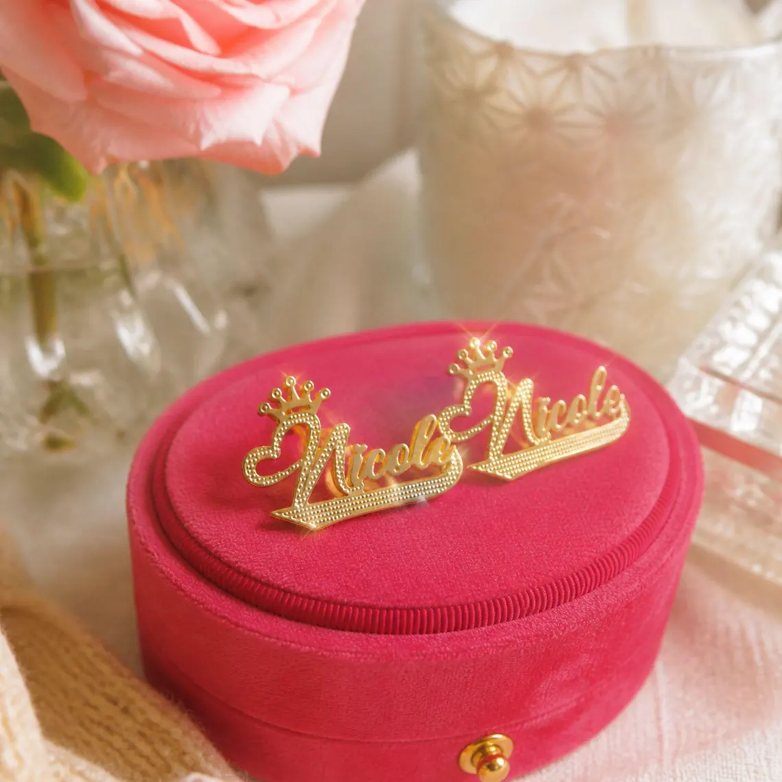 Custom Crown Heart Name Earrings Studs Diamond Cut