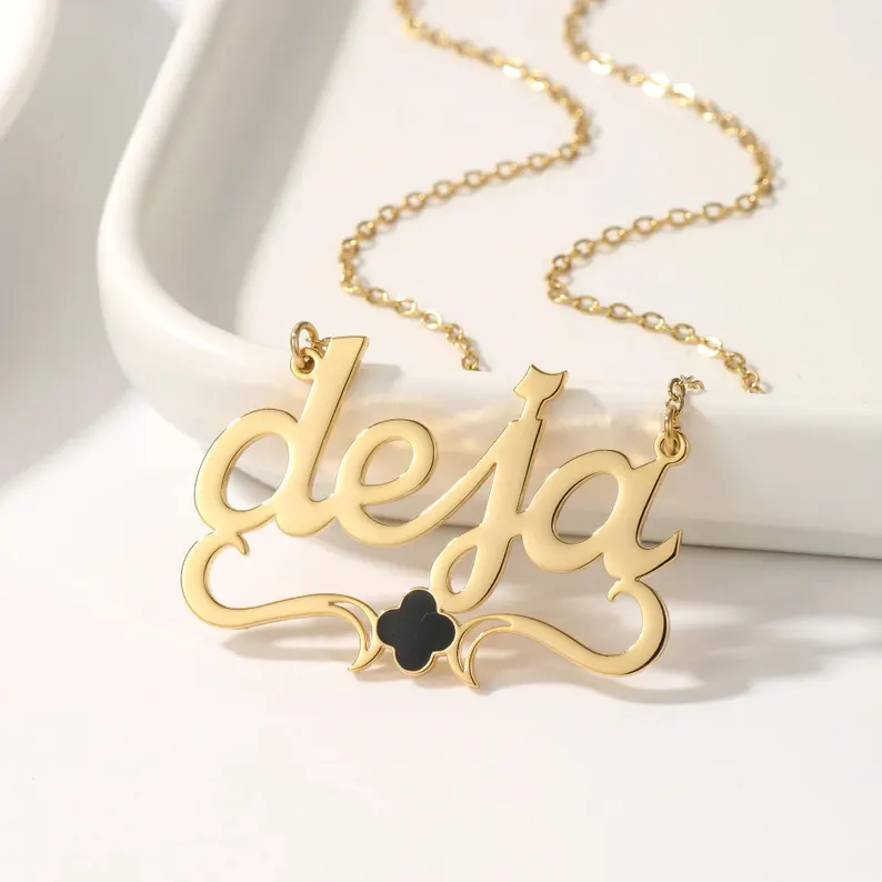 Custom Gold Plated Clover Charm Color Name Necklace