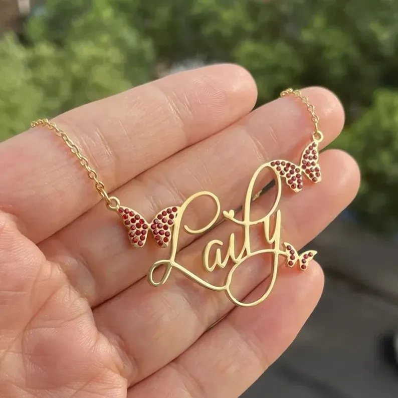 Butterfly Name Necklace & Bracelet Personalized Gold Jewelry Set
