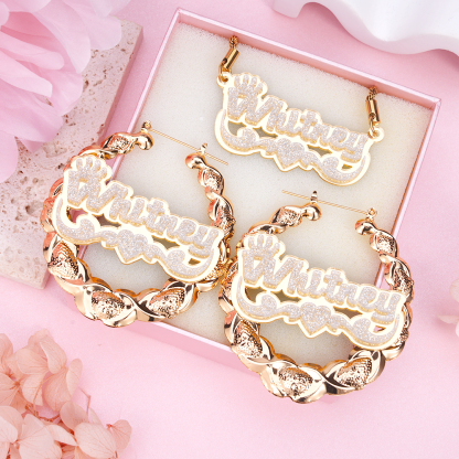 Acrylic Nameplate with Crown and Swirls Heart Personalized Custom Jewelry Set Name Necklace and XOXO Bamboo Name Earrings