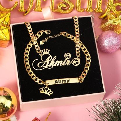 Sport Jewelry Set for Boy Personalized Football Name Necklace and Crown Bar Bracelet Set