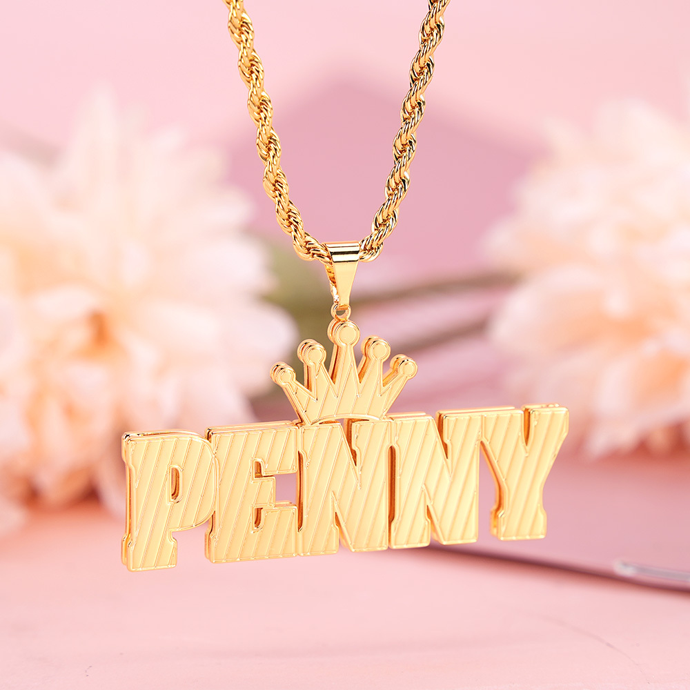 Hip Hop Double Layer Crown Nameplate Custom Gold Plated Name Necklace