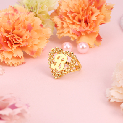 Gear Shape Rolex Style Heart Love Nugget Ring Personalized Initial Letter Ring