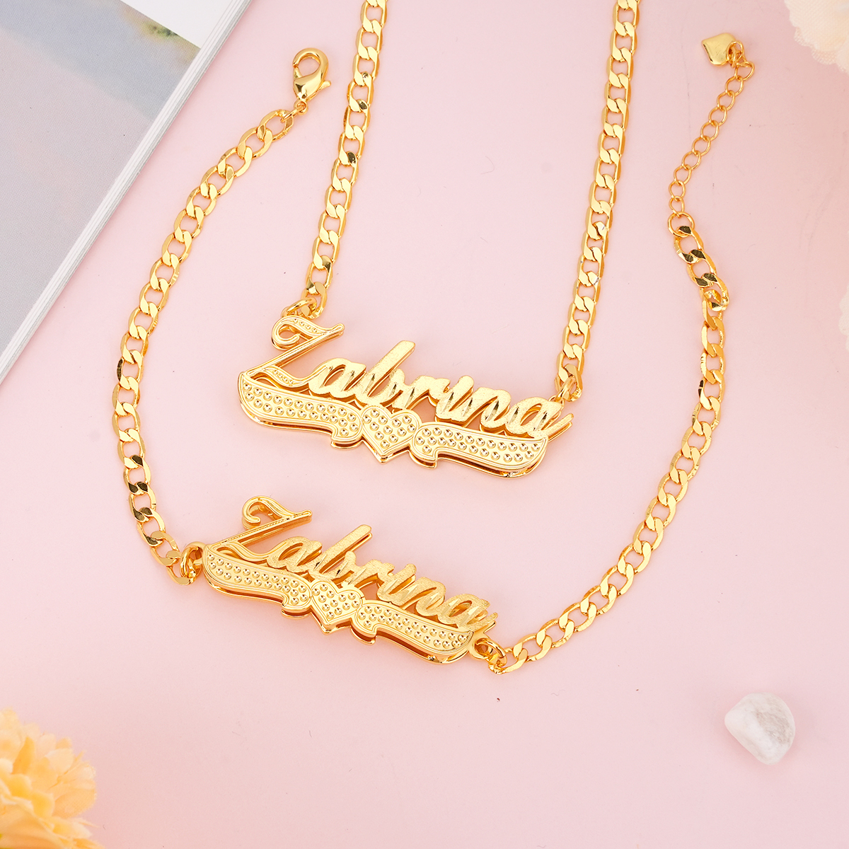 Custom Double Layer Gold Plated Diamond Cut Heart Name Necklace and Bracelet Set