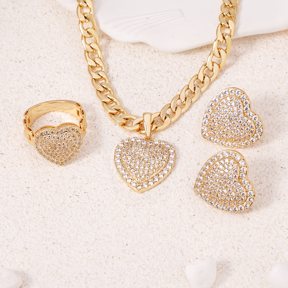 Heart Love Pendant Jewelry Set Zircon Necklace RX Ring and Stud Earrings
