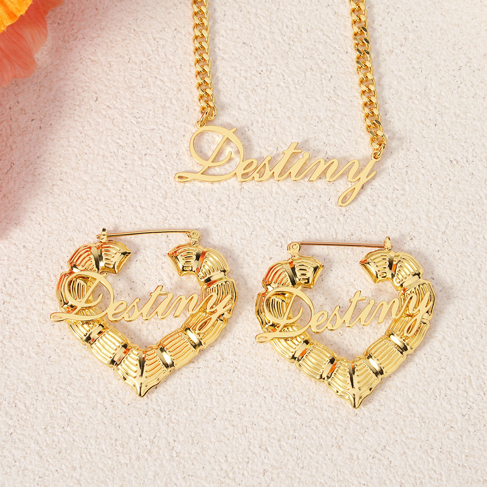 Personalized Name Necklace and Heart Shaped Name Bamboo Earrings Set