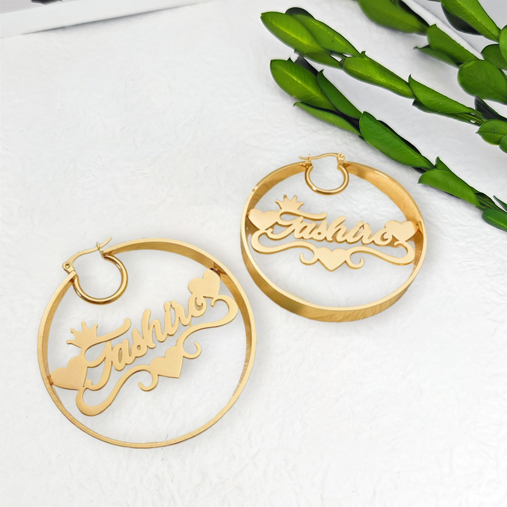 Heart Shaped Nameplated Pendant Custom Name Hoop Earrings