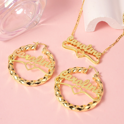 Heart Pendant Personalized Double Plated Name Necklace and Twist Hoop Name Earrings Jewelry Set