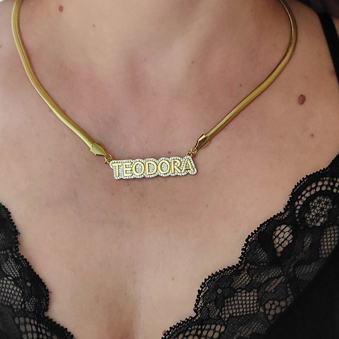 Snake Chain Crystal Nameplate Personalized Necklace