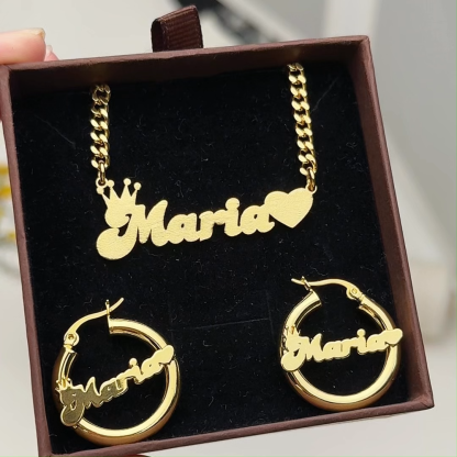 Bling Crown Heart Set Personalized Name Necklace And Hoop Earrings 2pcs Set