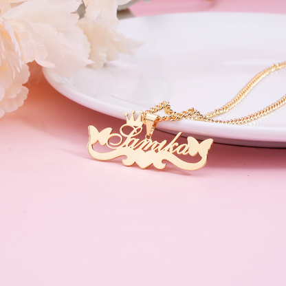 Butterfly Crown Two Hearts Necklace Personalized Custom Name Necklace 