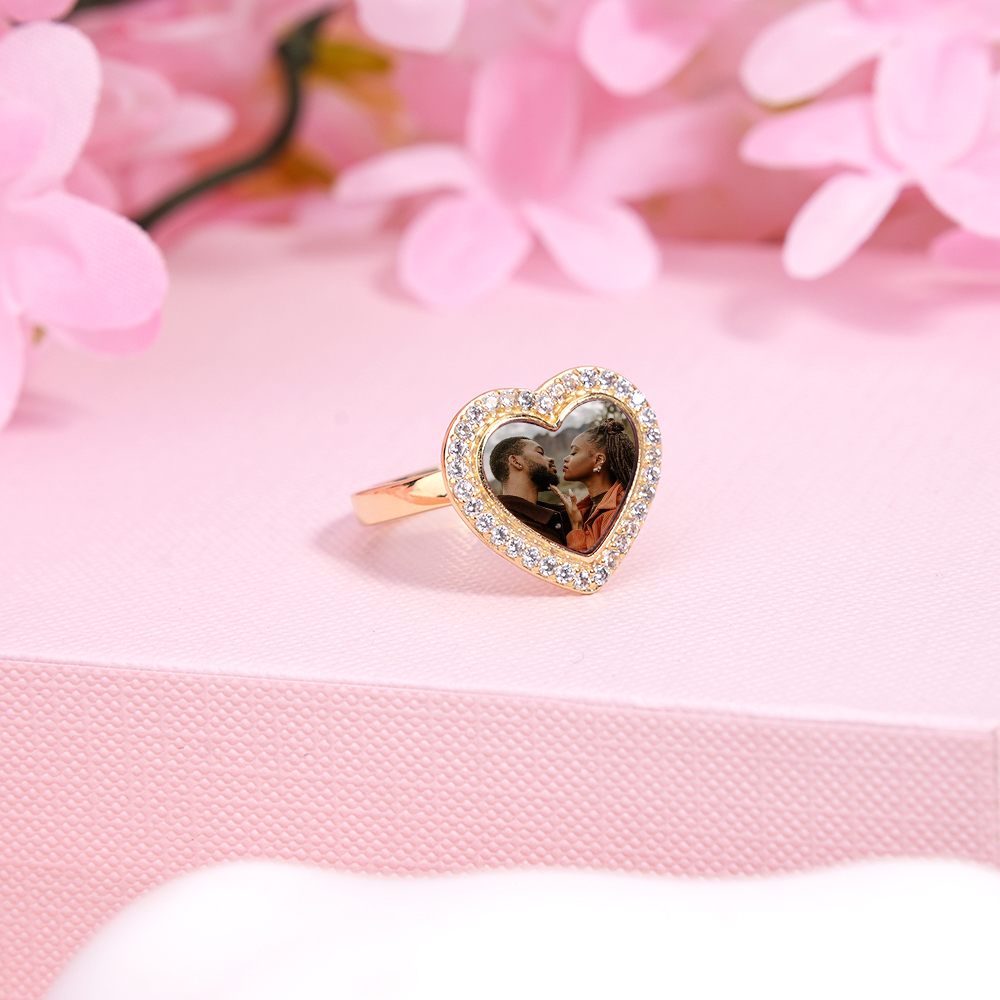 Heart Shaped Photo Gold Plated Personalized Custom Engraved Ring Couple Ring